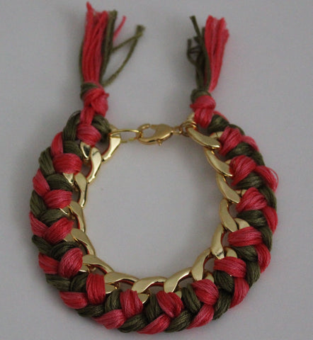 Pink Green Gold Braided Bracelet