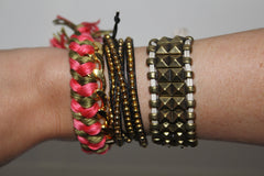 Pink Green Gold Braided Bracelet